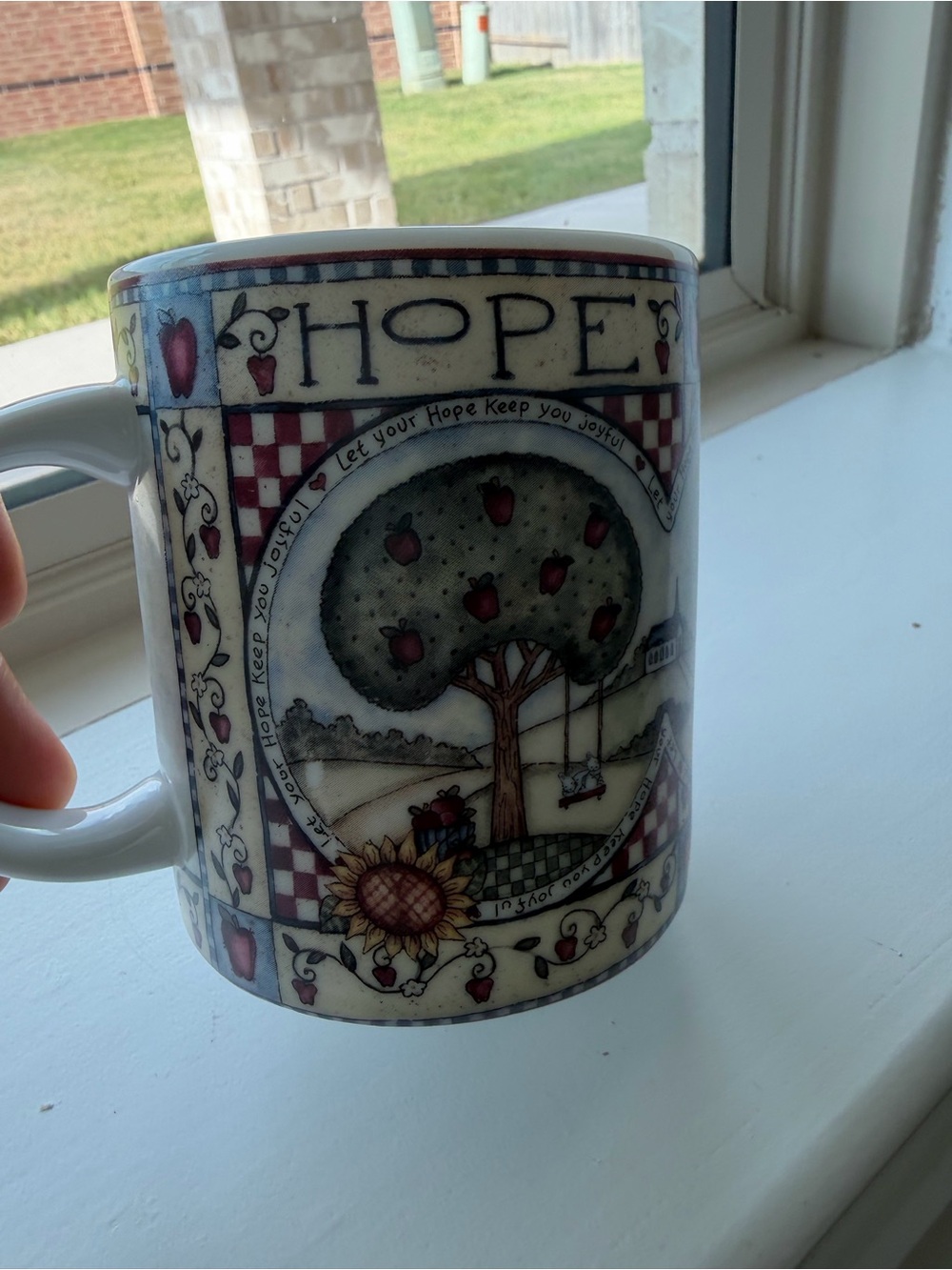 Hope Tree Ceramic Coffee Mug - White with Red Accents